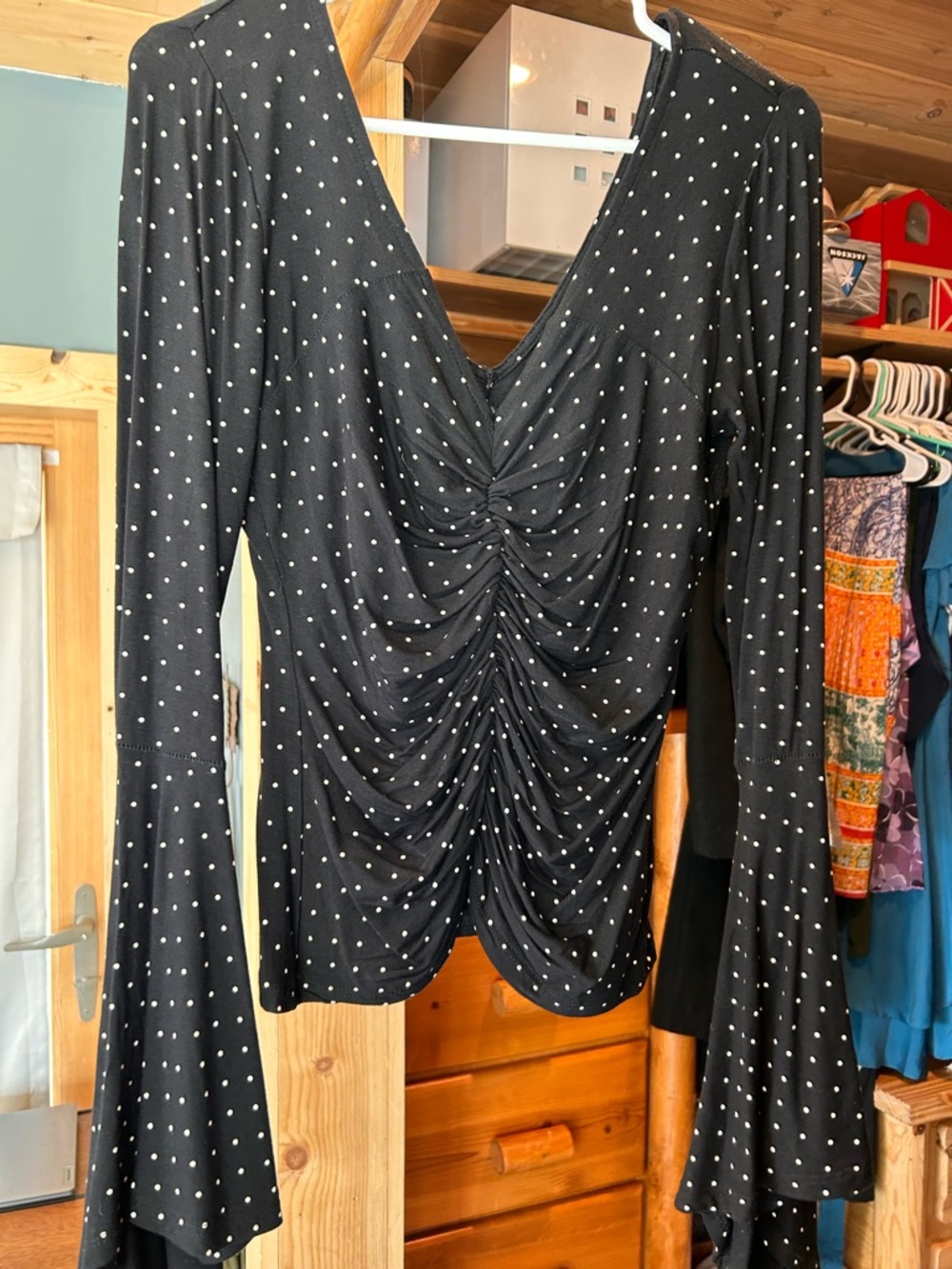 VENUS Black Polka Dot V-Neck Ruched Top